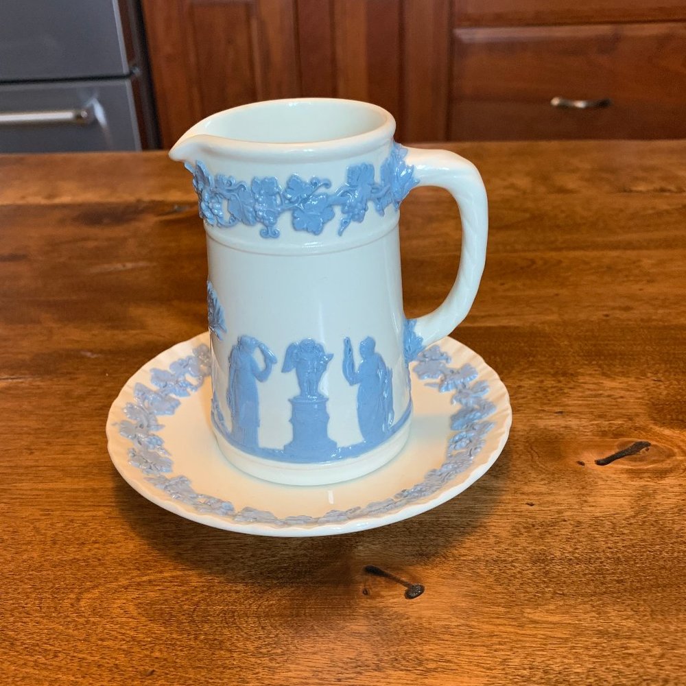 Wedgwood Embossed Queen's Ware Lavender on Cream 4” H Mini Pitcher w Underplate